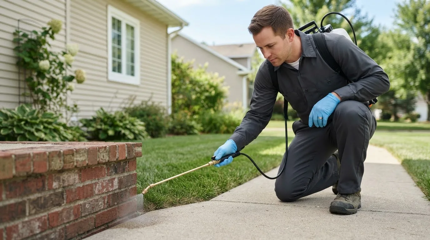 Pest control technician treating a home near Reyno, AR