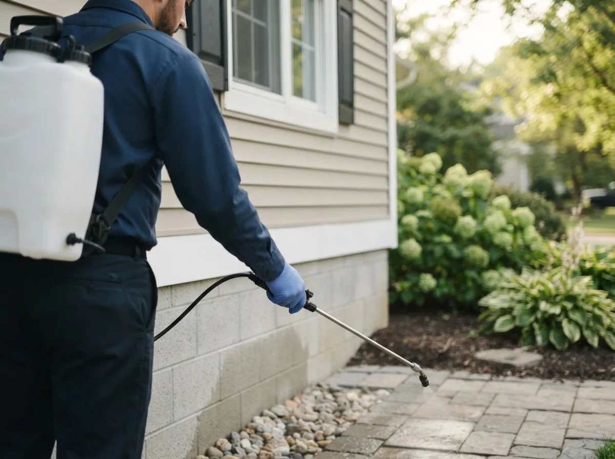 Pest control technician inspecting a home in Reyno, AR